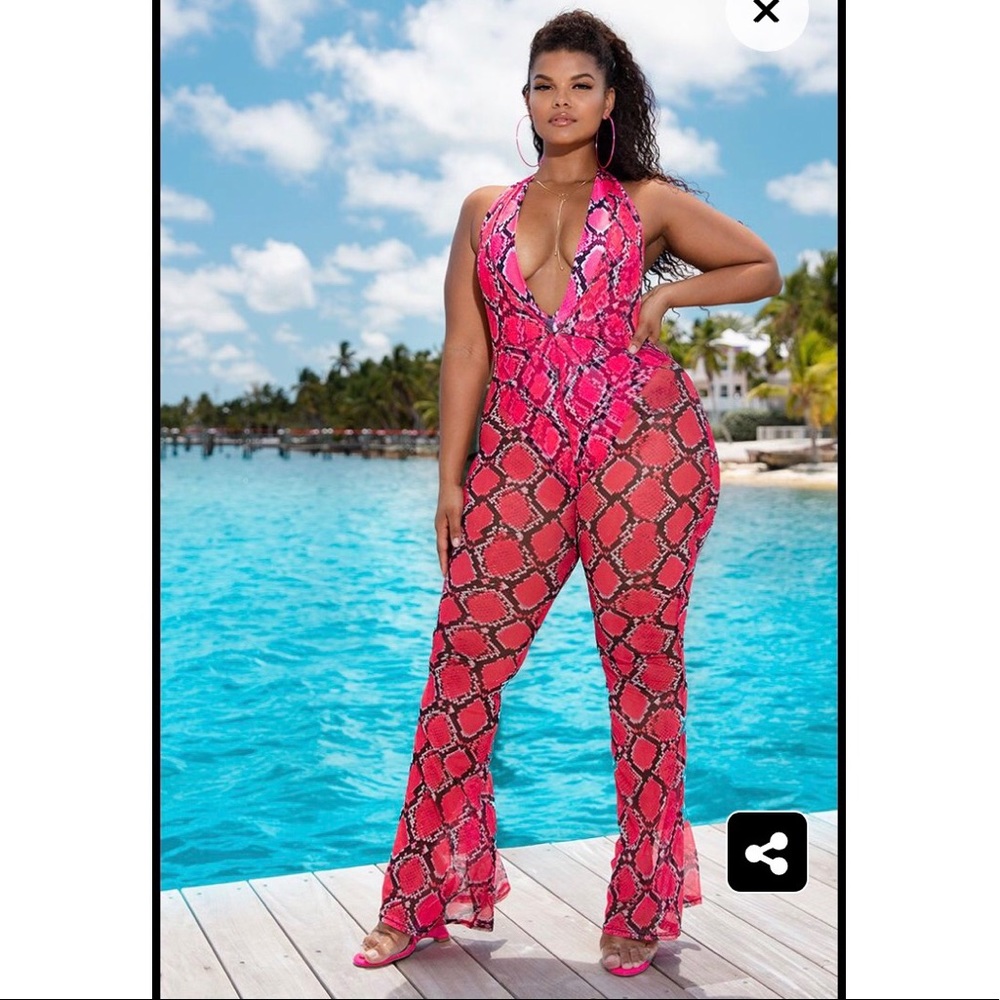 Pink snake print mesh halter neck jumpsuit